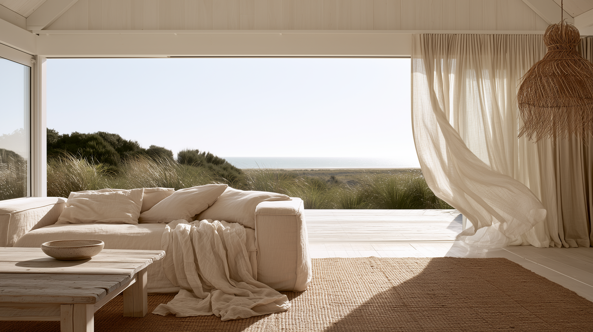 Coastal living room with a linen sofa, jute rug and sheer curtains opening onto dune grass and the sea.