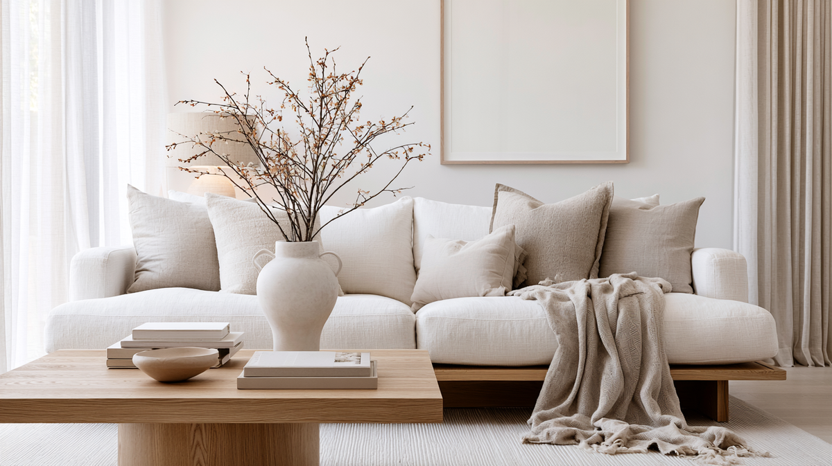 Neutral living room with a cream sofa, a knit throw, a low timber coffee table and a vase of dried branches