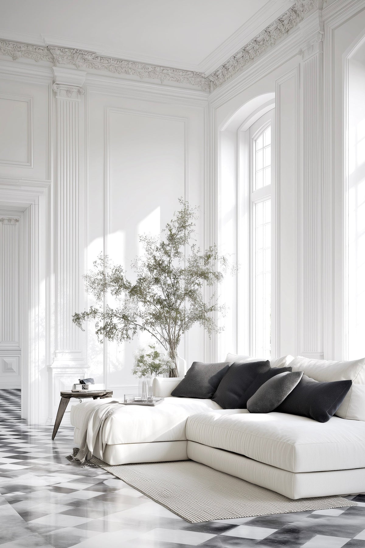 Parisian-style living room with panelled walls, a white sofa with dark cushions and an olive tree