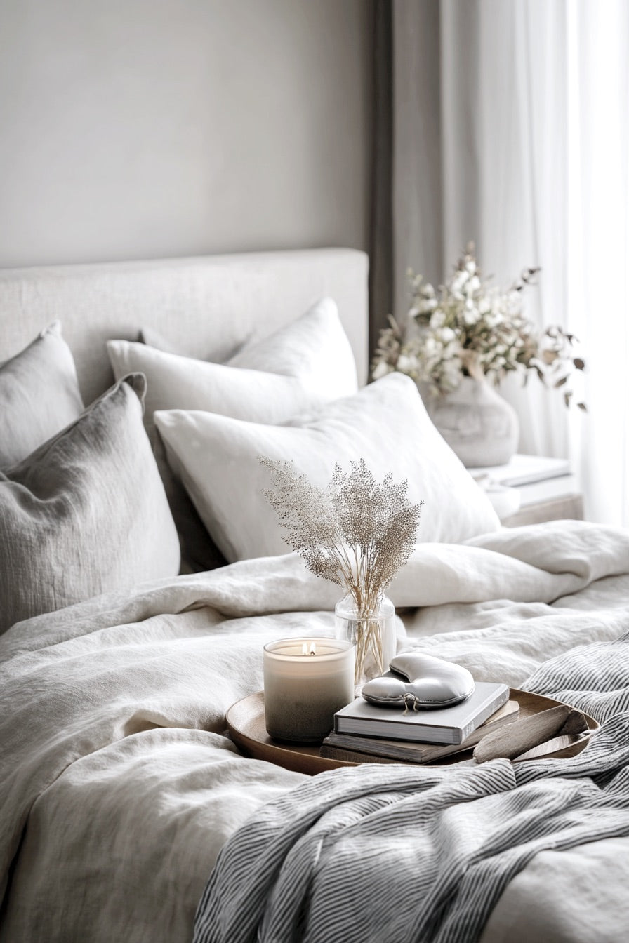 Grey and white layered bedding with a tray holding a candle, books and dried flowers