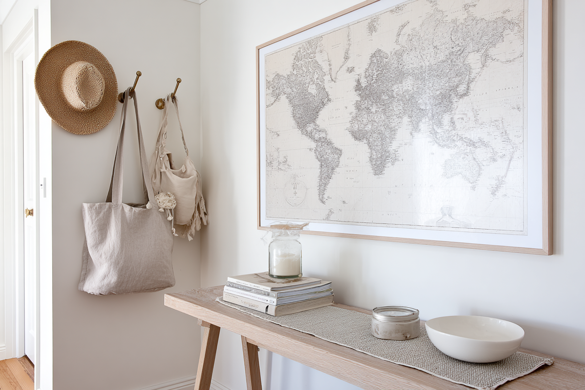 Entryway with a wall map, a hat and tote on hooks, and a timber console holding books and a bowl