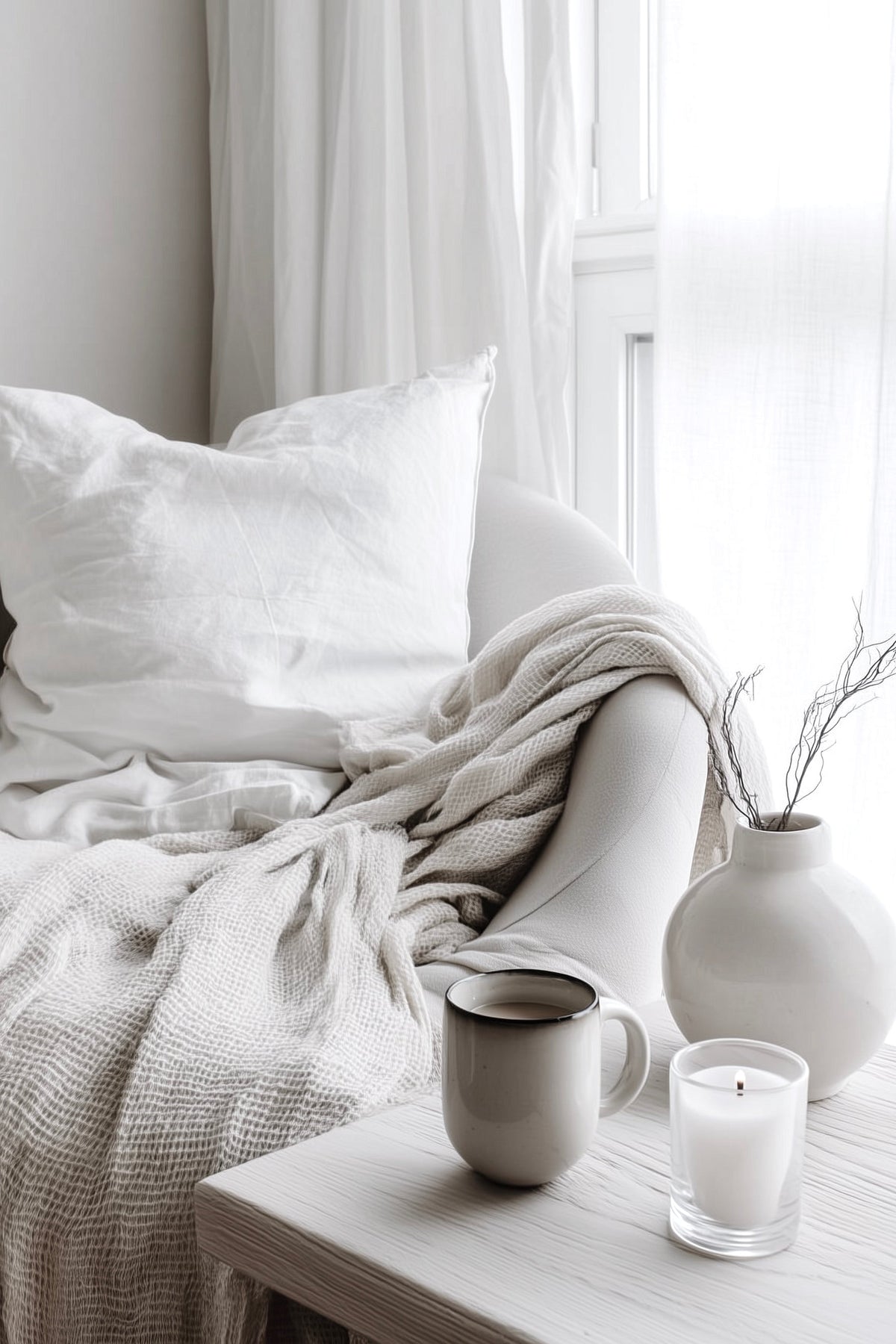 Armchair layered with a knit throw and cushions beside a side table holding a mug, a candle and a vase