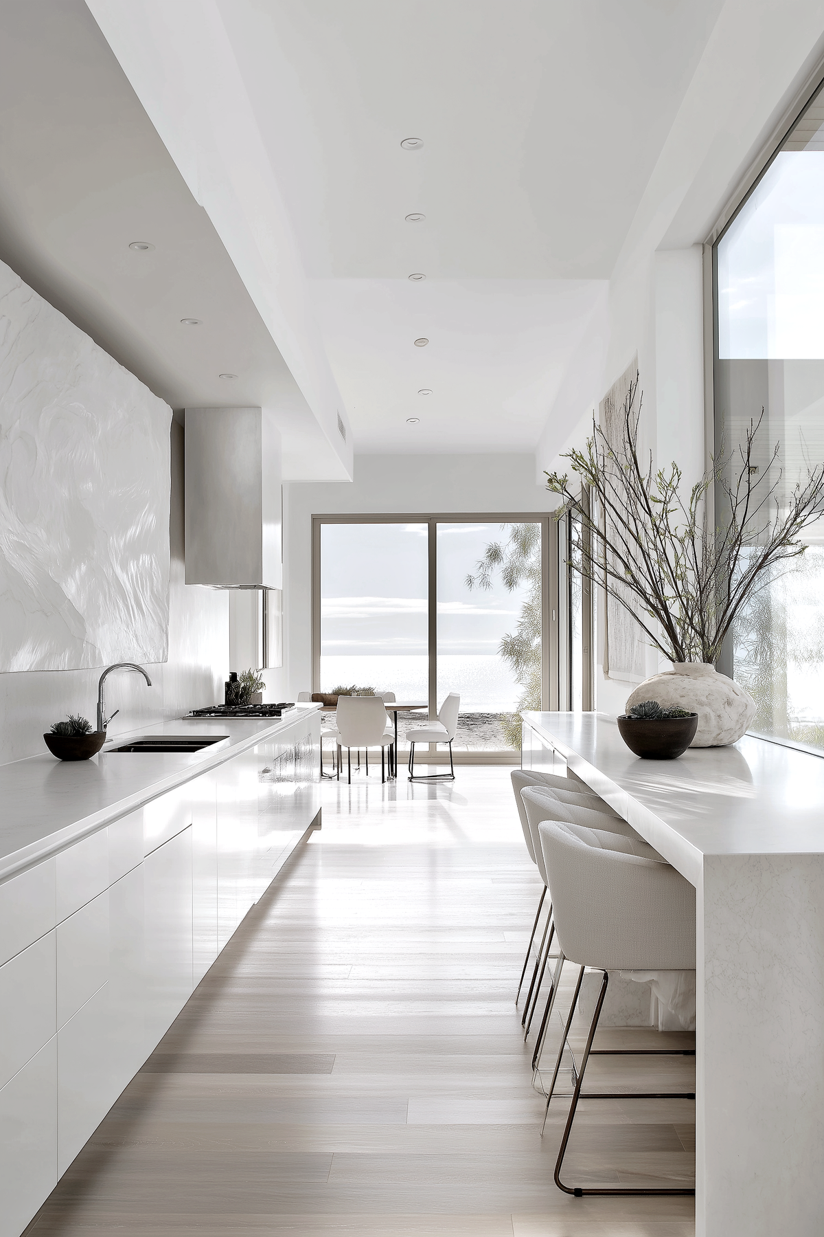 Long white kitchen and dining space filled with daylight from floor-to-ceiling glass