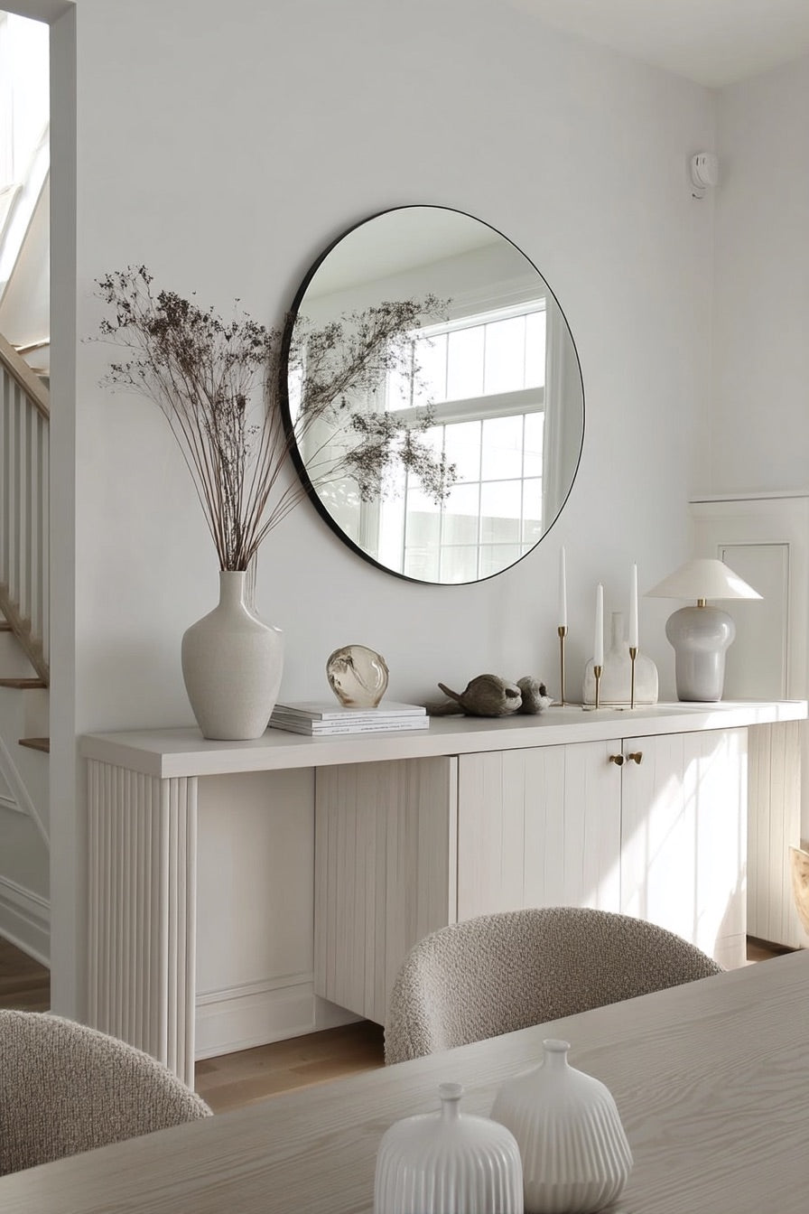 Dining area with a round mirror above a white sideboard styled with a vase, a lamp and dried stems