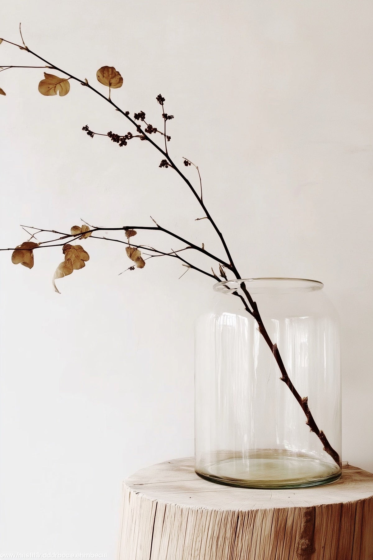 Single branch of dried leaves arching from a large glass jar on a timber stump