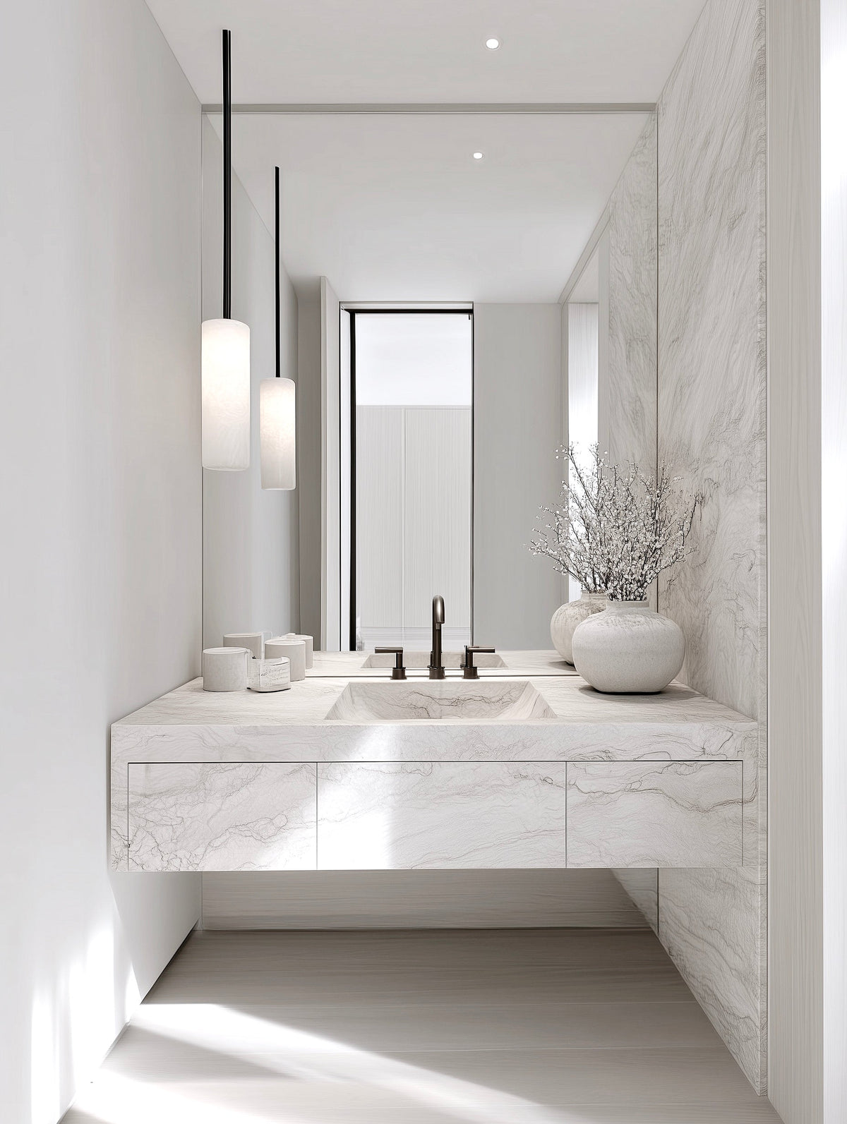 Marble bathroom vanity with a tall mirror, pendant lights and a vase of dried stems