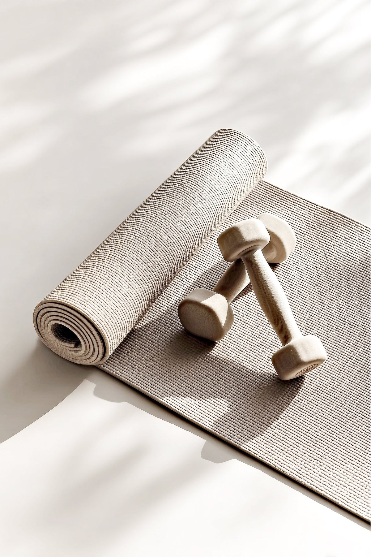 Rolled yoga mat and a pair of dumbbells in sunlight