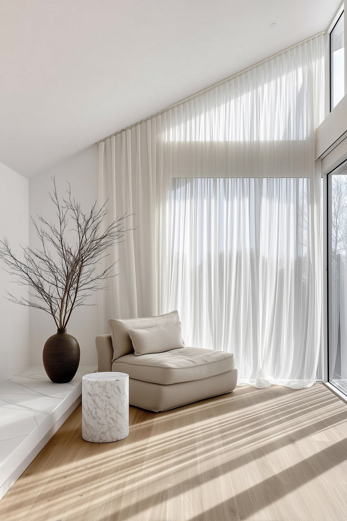 Sunlit living space with a cream lounge chair, sheer white curtains, a dark vase of bare branches and a marble side table