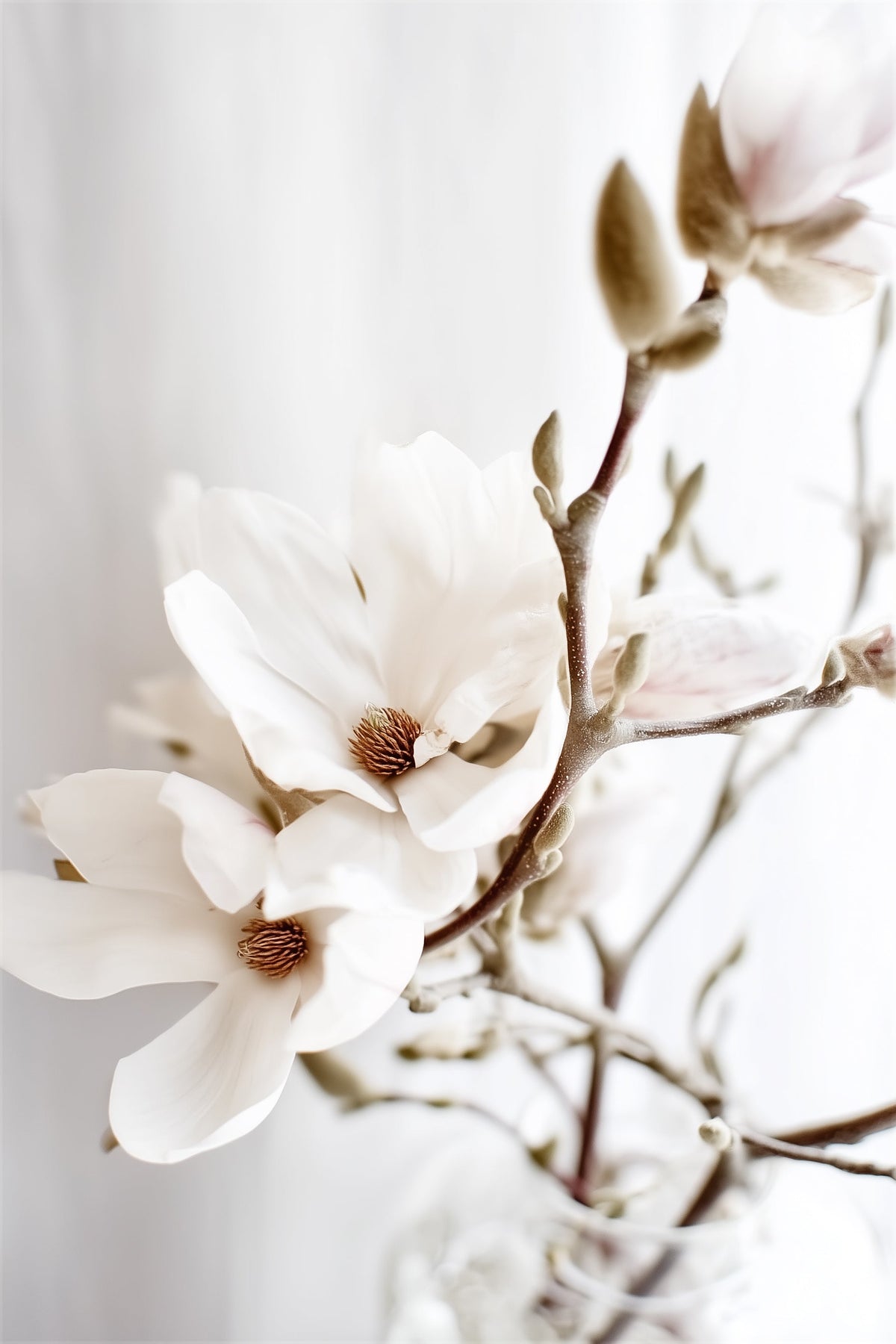 Close-up of white magnolia blossoms and fuzzy buds on a branch in a glass vase, soft light and blurred background