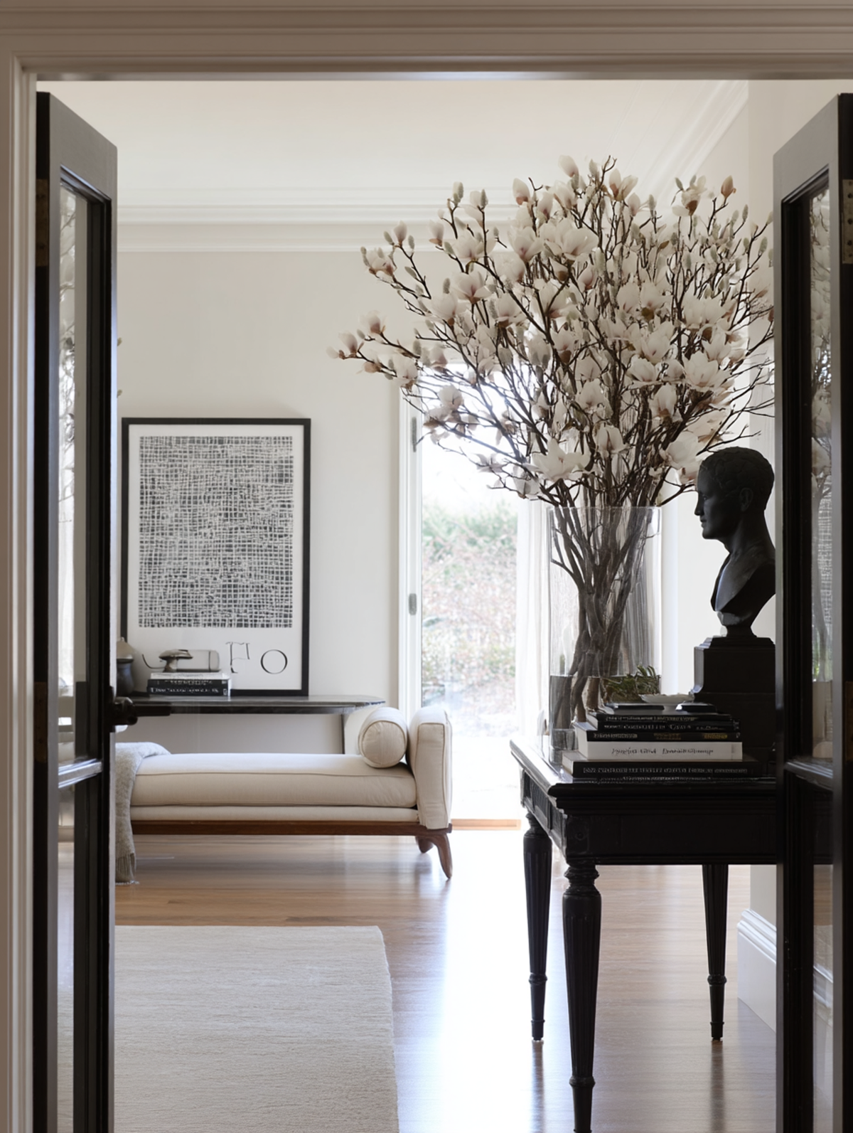 Faux magnolia branches in a tall vase on a hallway console beside a sculpture