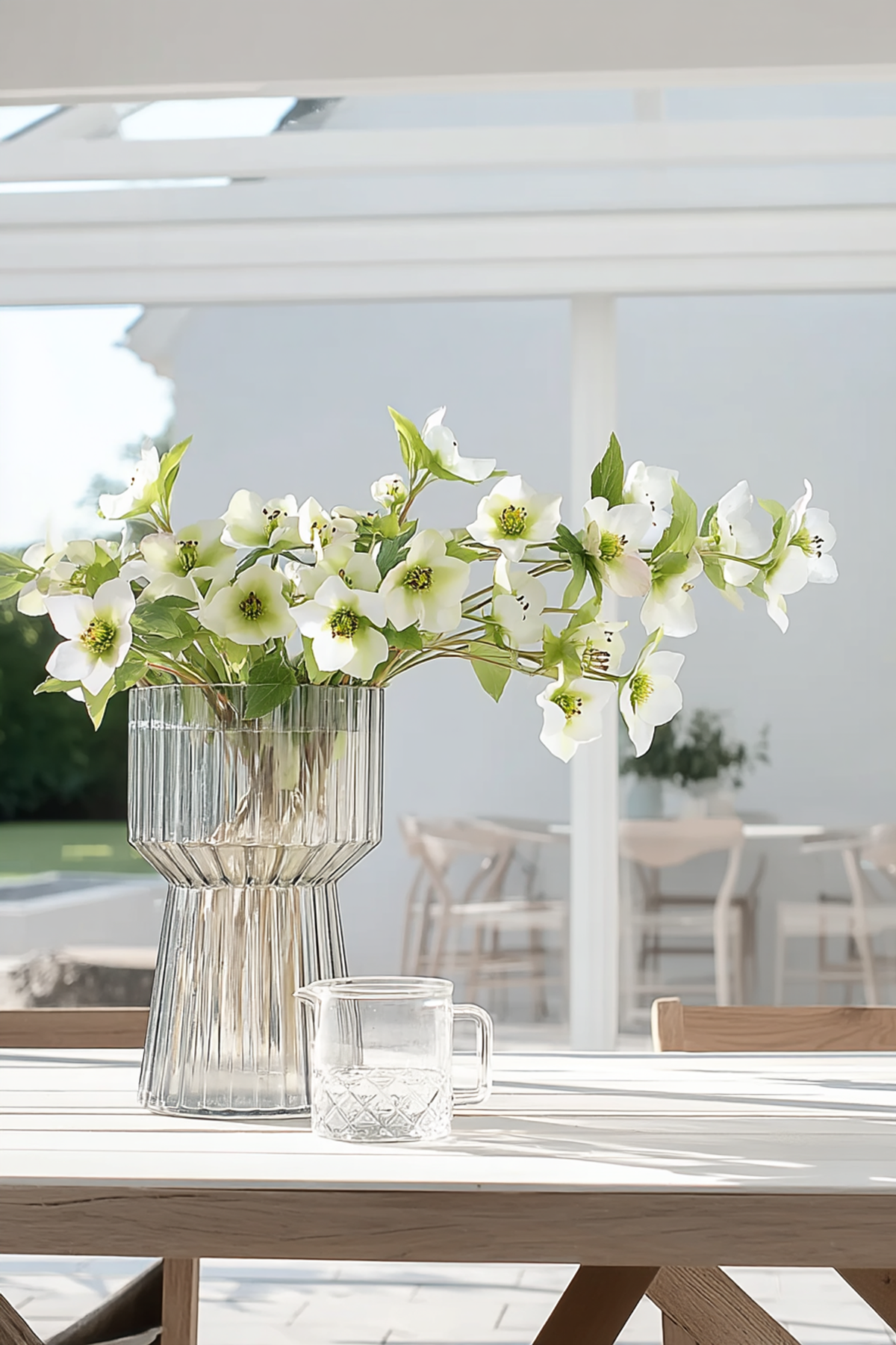 Hellebores in a ribbed glass vase on an outdoor timber table