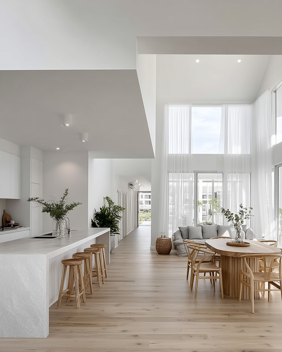 Pale timber bar stools lined along a white kitchen island in a double height room with sheer curtains