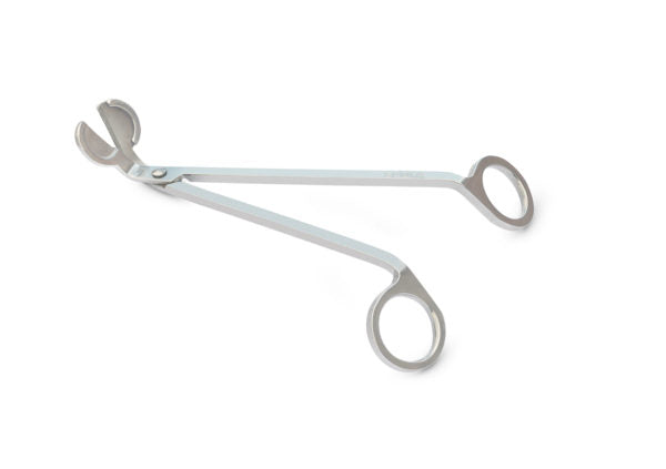 Stainless steel wick trimmer, side view on white