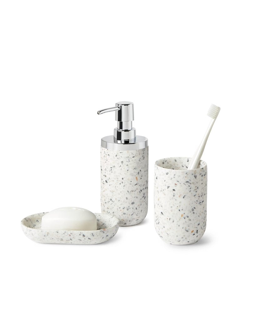 Umbra Junip terrazzo bathroom set, soap dish, soap pump and tumbler