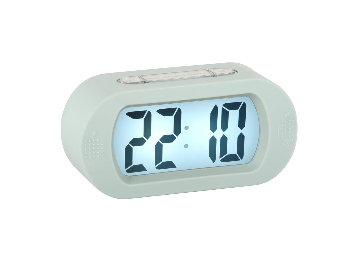 Karlsson Gummy Digital Alarm Clock in soft blue with the display backlit