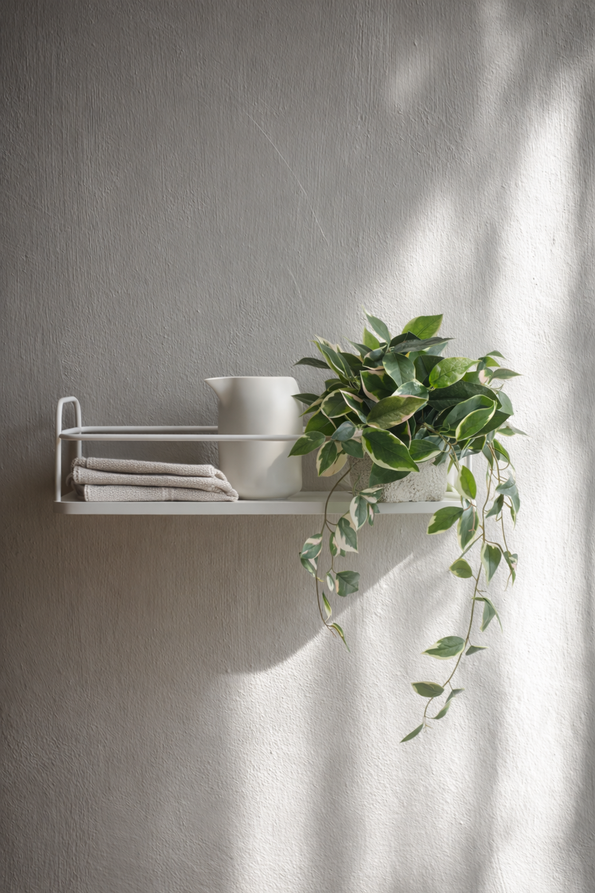 White wall shelf holding a small pot and folded towels with greenery trailing, grey wall