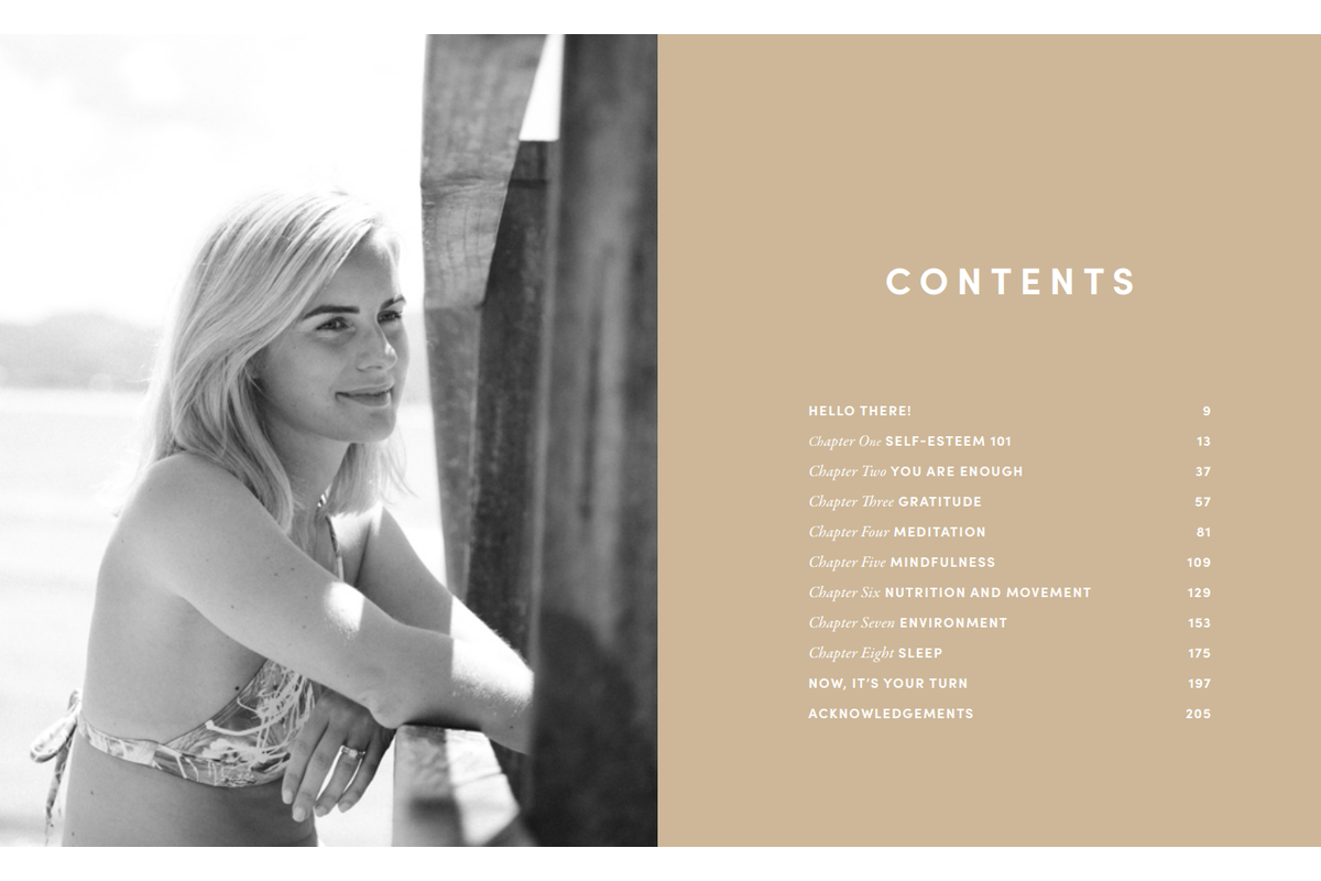 The Feel Good Guide contents page beside a black and white photograph of Matilda Green by a jetty
