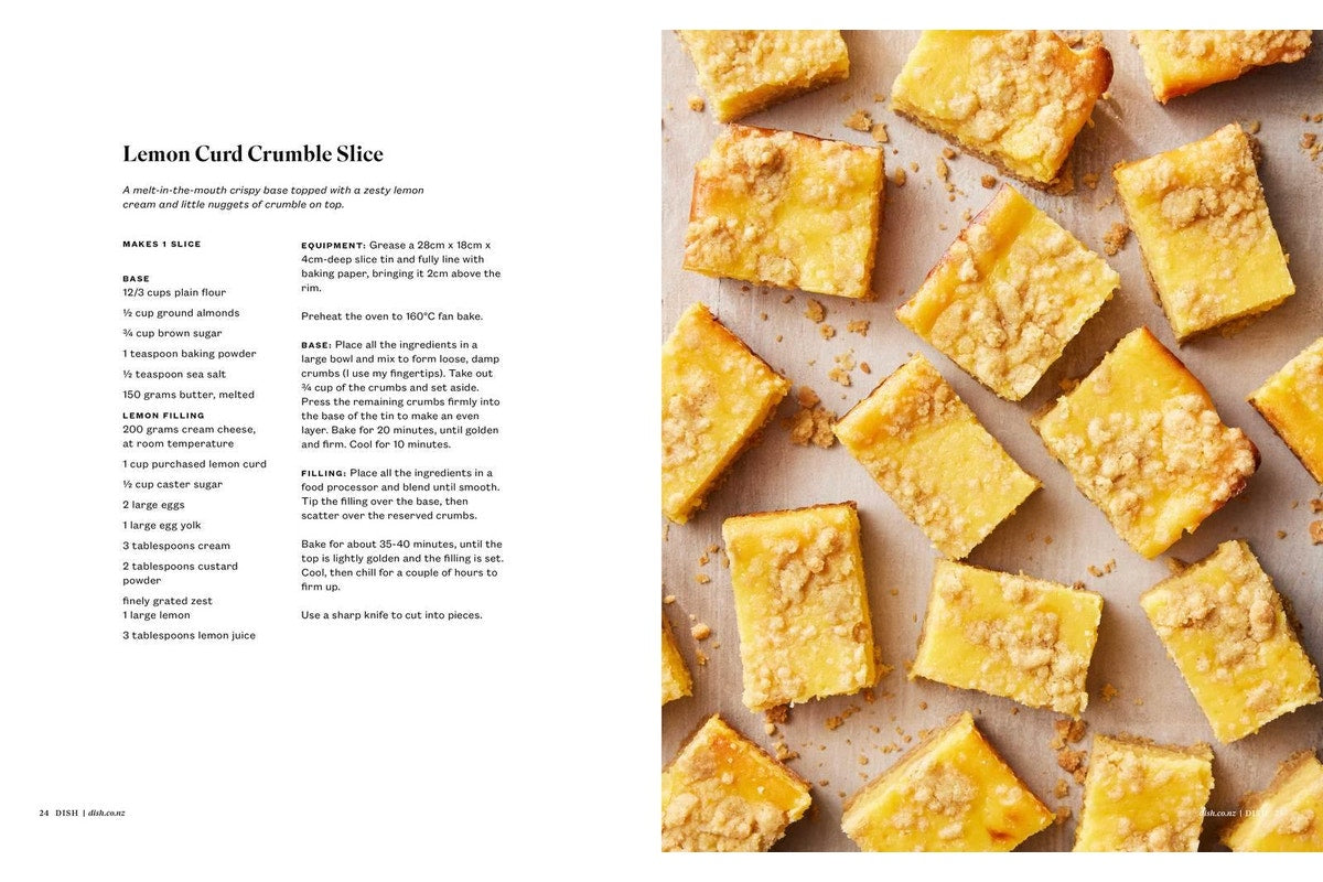 dish SWEET spread for Lemon Curd Crumble Slice, with squares of slice on baking paper