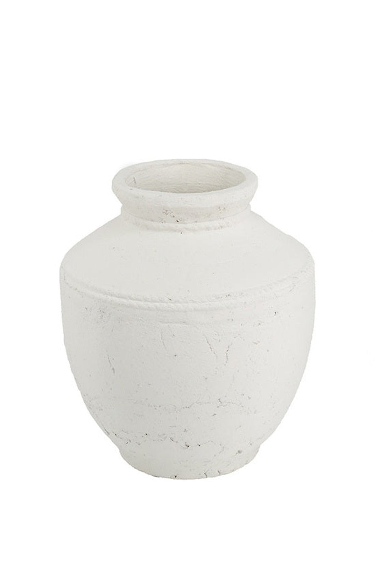Rafaela vase in a chalky off white finish with a short neck and rounded body, shown alone on white