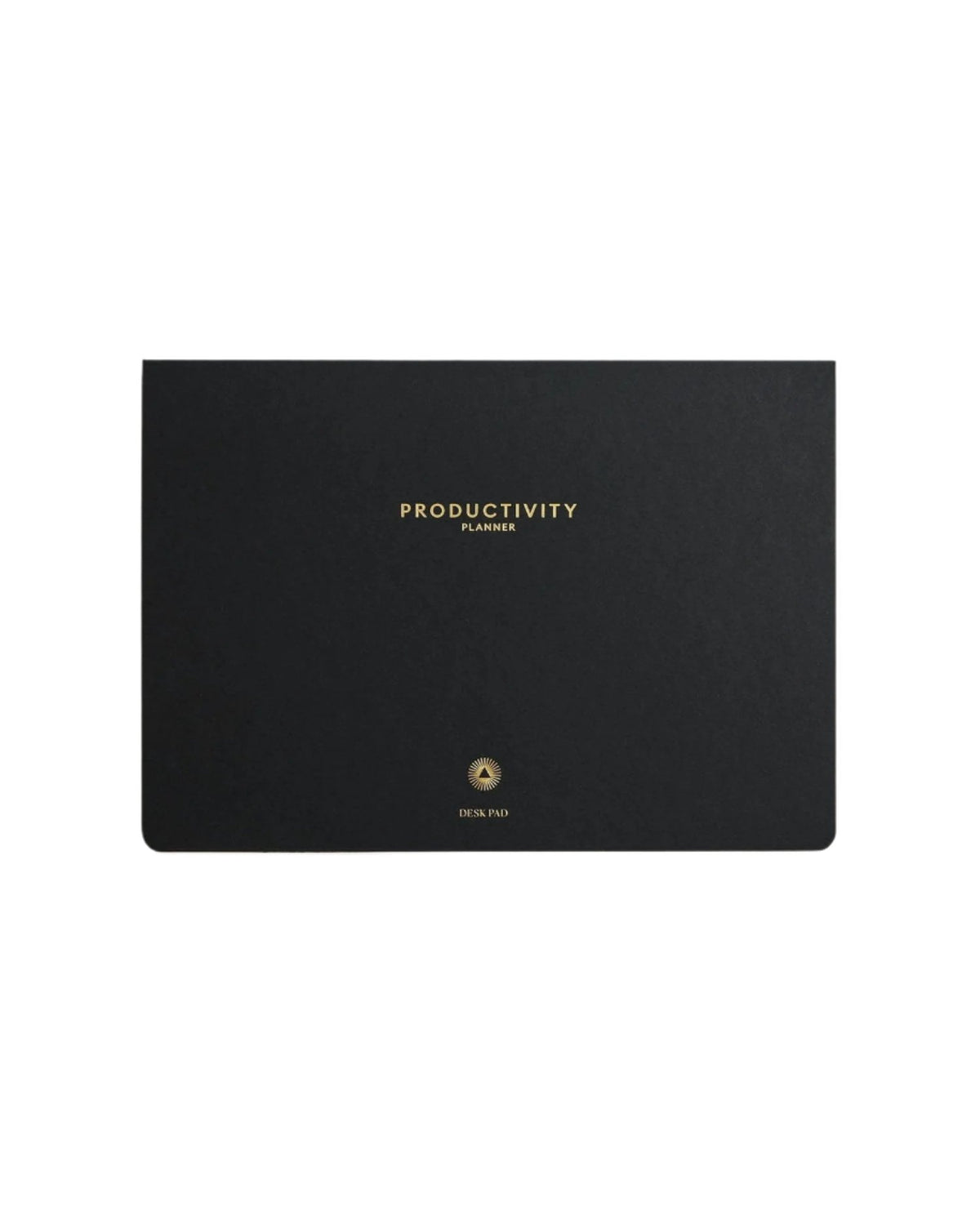 Productivity desk pad with a black cover and gold lettering, on white