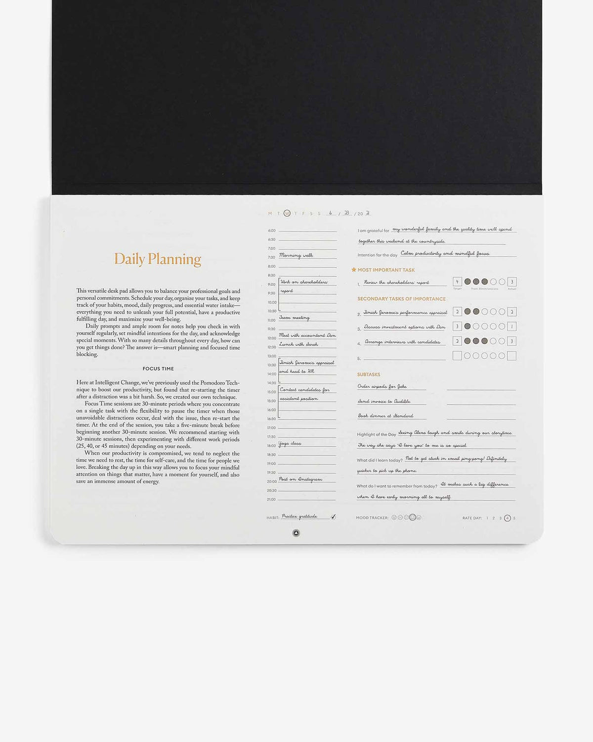Productivity desk pad opened to its how-to page and a daily planning sheet