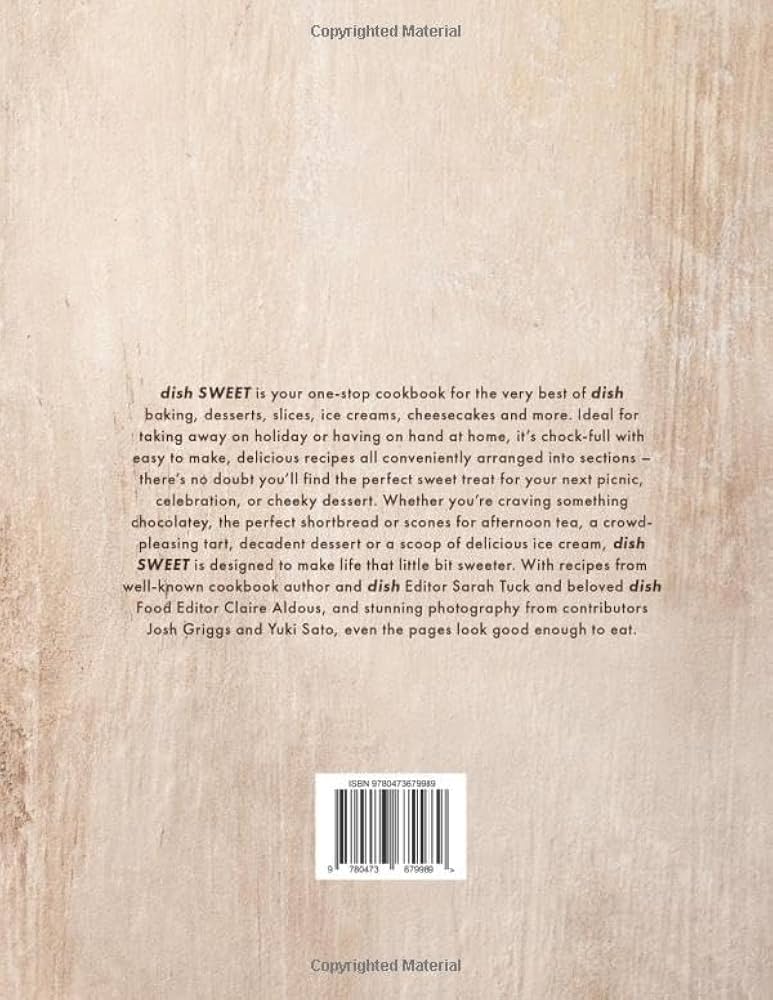 Back cover of dish SWEET on a pale wood background, describing the baking and dessert chapters