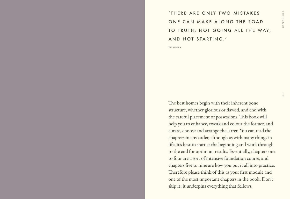 Spread with a mauve page facing a quote and text