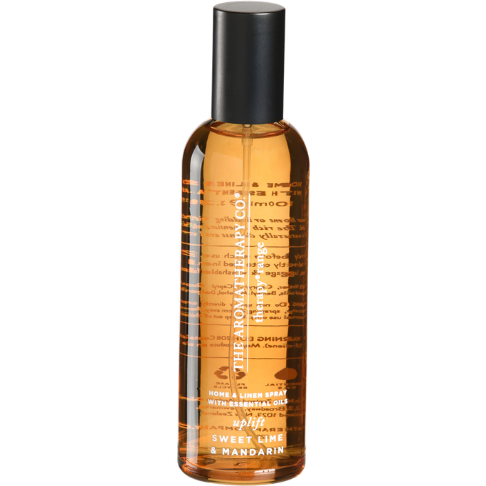 Front view of the rounded Sweet Lime & Mandarin spray bottle on a white background