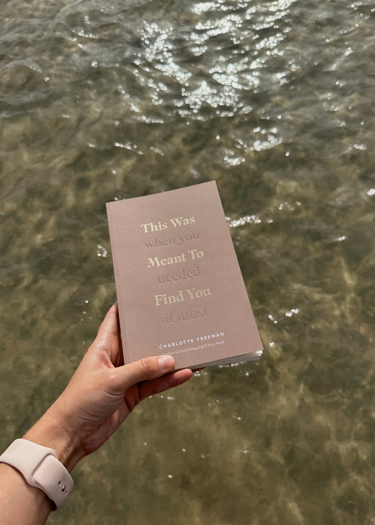 Person holding This Was Meant To Find You by Charlotte Freeman by the water