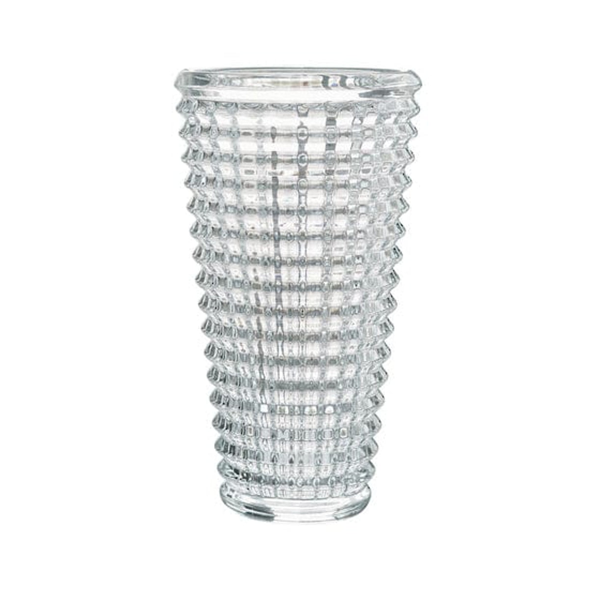 Faceted cut glass vase with rows of raised beading around a tapered cylinder