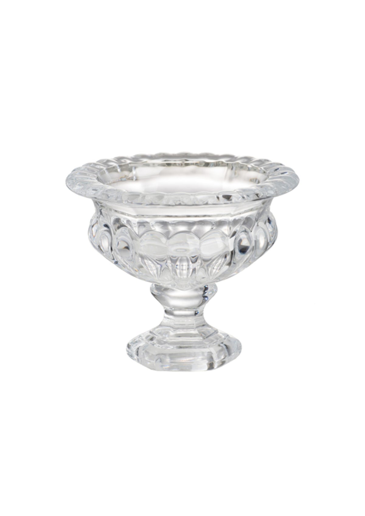 Large Louisa footed glass pedestal bowl with pressed vintage pattern, 16 x 19.5cm
