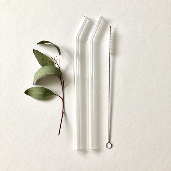 Straw brush laid flat beside two clear bent glass straws and a eucalyptus sprig on a pale surface