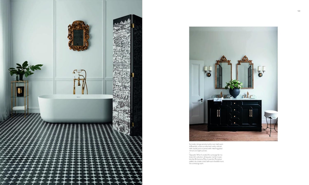 Spread with photos of a bathroom with a black and white tiled floor