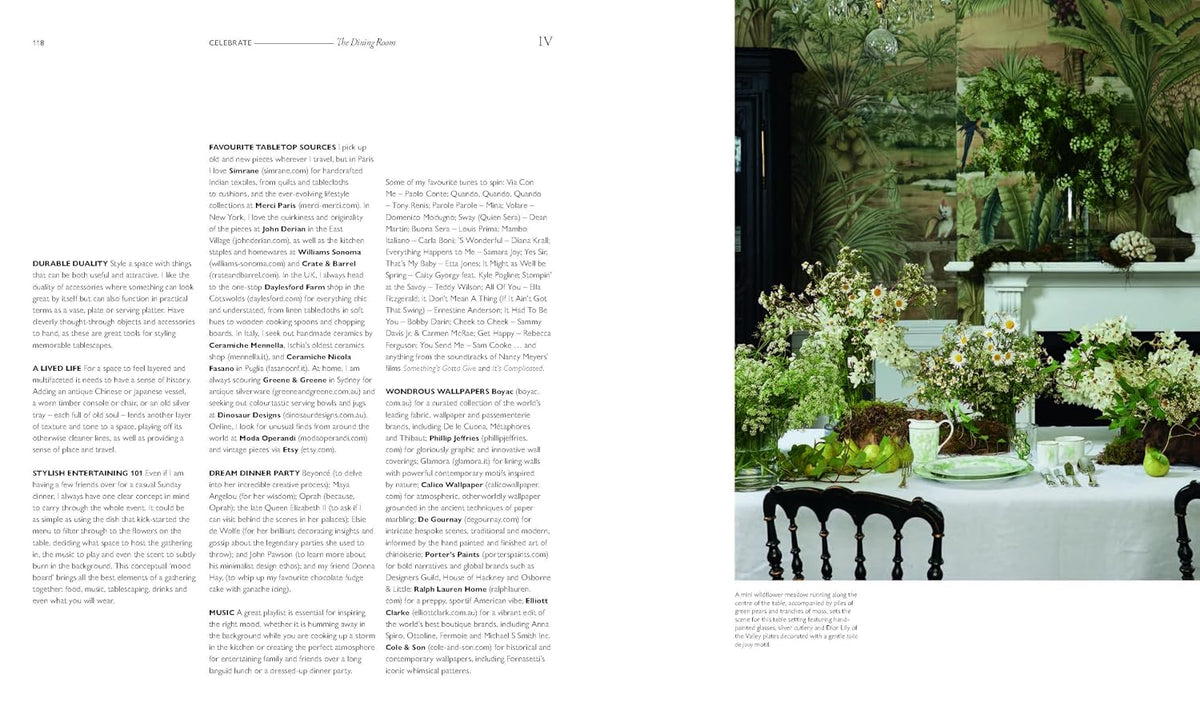 Spread of text beside a photo of a table set outdoors with greenery