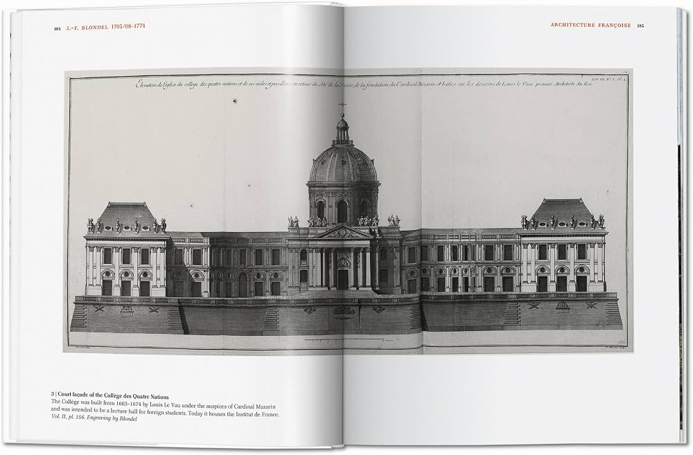 Architectural Theory spread with an engraved elevation of the College des Quatre Nations in Paris