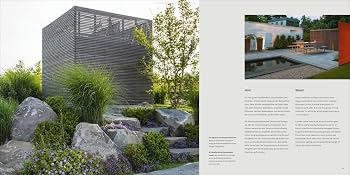 Nature Aesthetics Design spread showing a slatted timber garden pavilion among boulders and ornamental grasses
