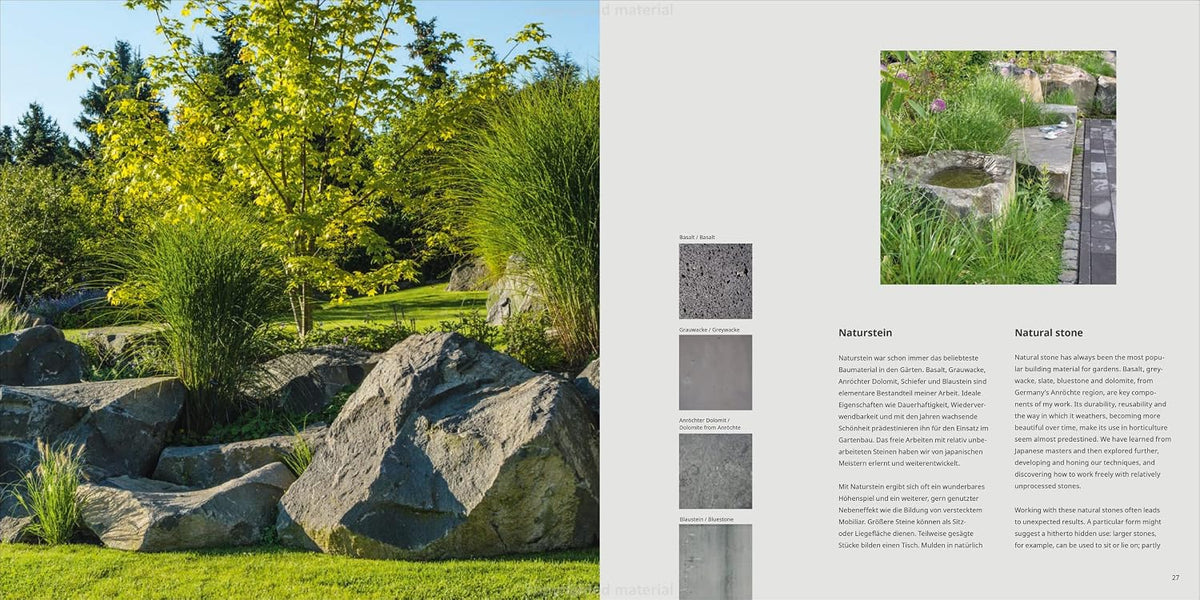 Nature Aesthetics Design spread on natural stone, with a boulder terrace and material swatches