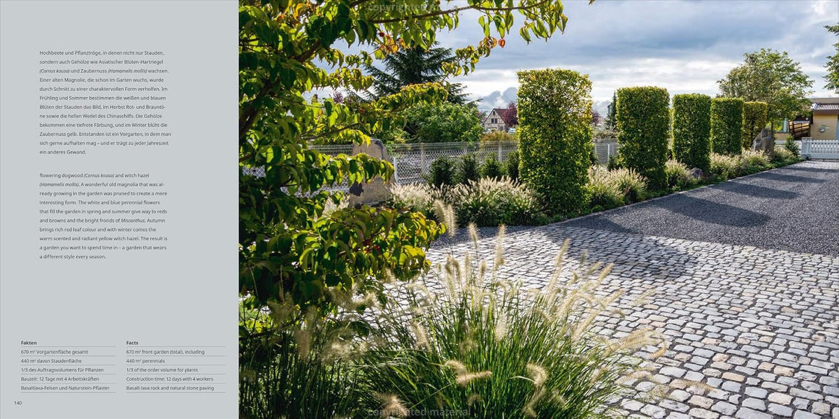 Nature Aesthetics Design spread showing a cobbled path edged with fountain grasses and clipped hedging