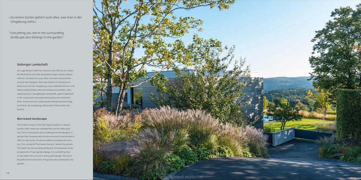 Nature Aesthetics Design spread on borrowed landscape, with grasses along a drive and hills beyond
