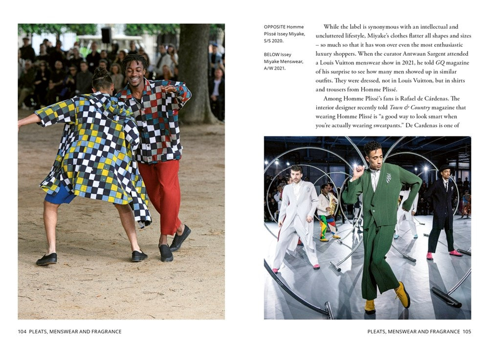 Little Book of Issey Miyake spread on pleats, menswear and fragrance, showing checked Homme Plisse looks