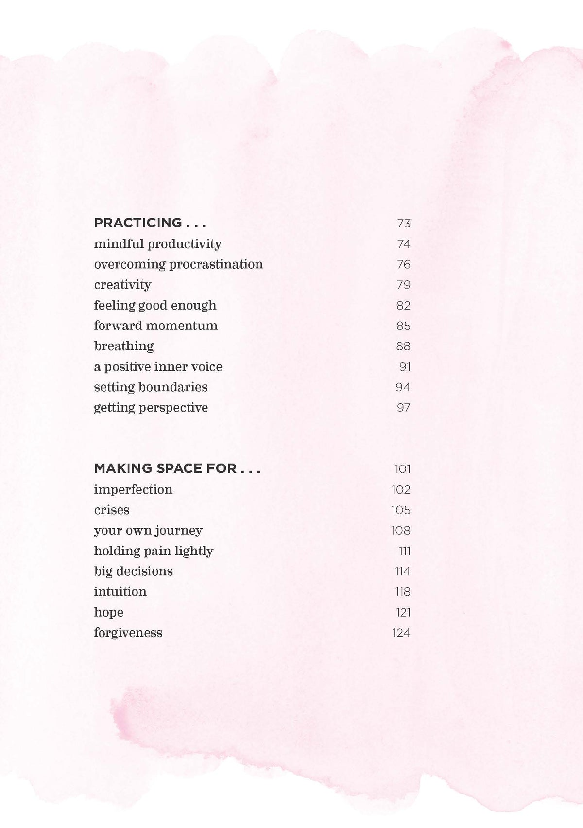 Be Happy contents page continued, listing the Practising and Making Space For sections