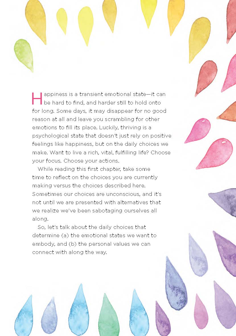 Be Happy opening page on happiness as a transient emotional state, framed by watercolour petals