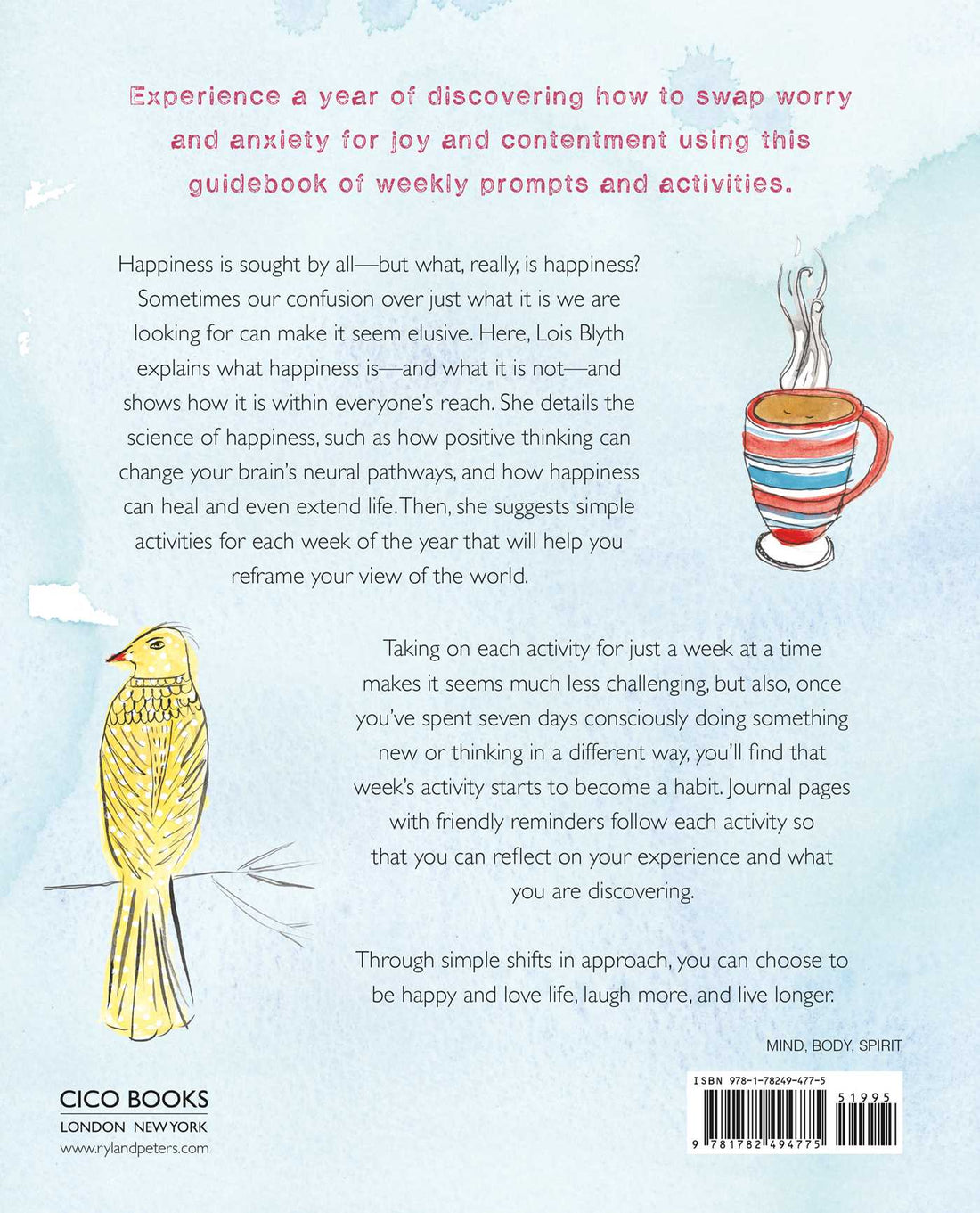 Back cover of A Year of Living Happily, describing the weekly prompts, with a striped mug and bird illustration