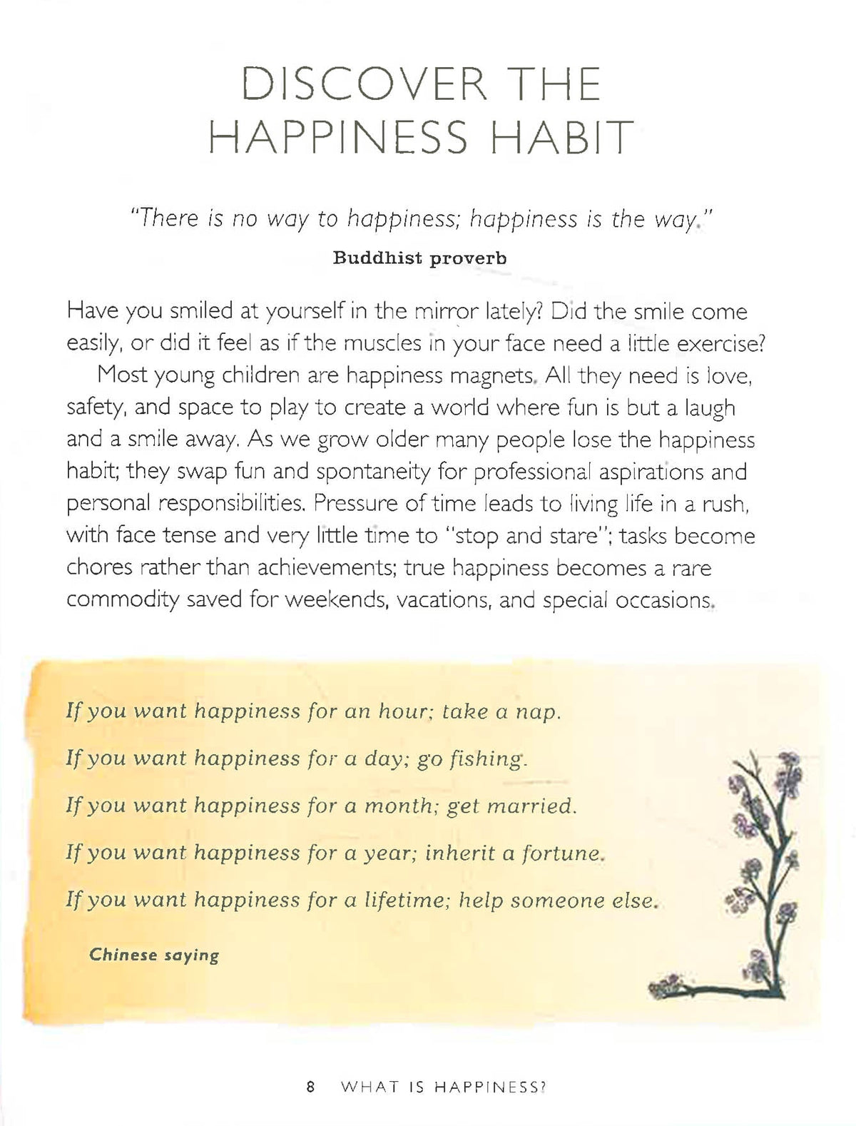 Be Happy page headed Discover the Happiness Habit, with a Buddhist proverb and a highlighted panel