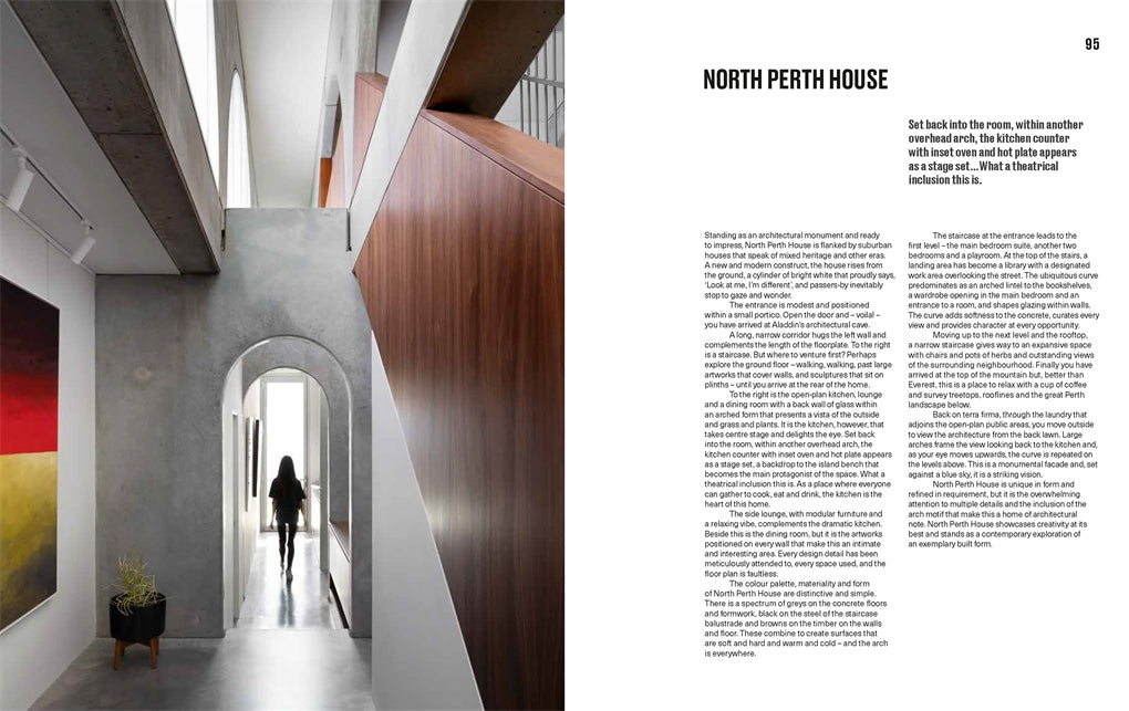 Architecture at the Heart of the Home spread on North Perth House, with an arched concrete and timber hallway