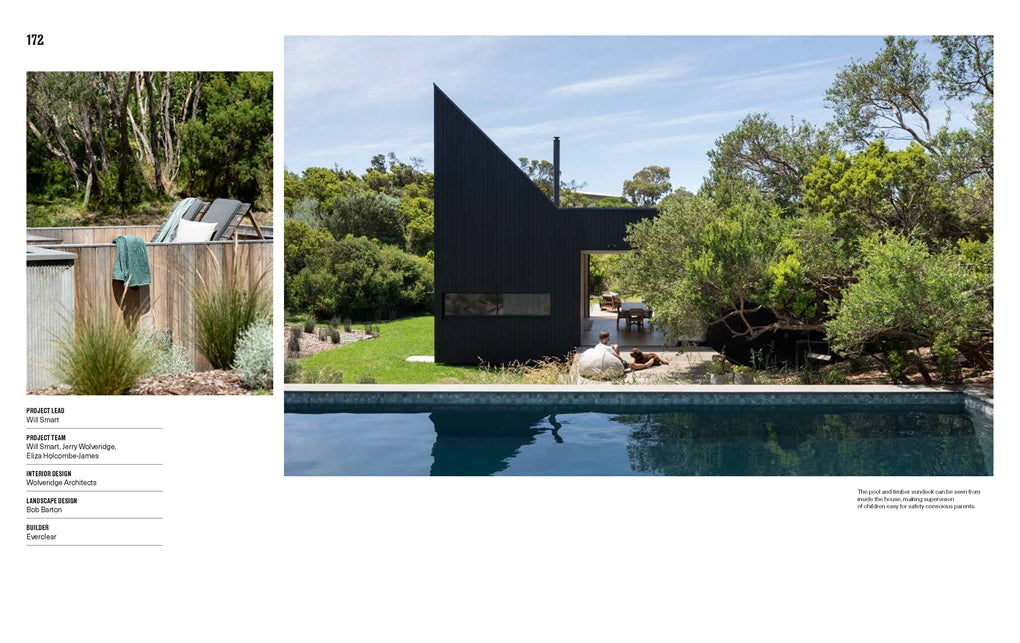 Architecture at the Heart of the Home spread showing a black angular pavilion beside a pool, with project credits