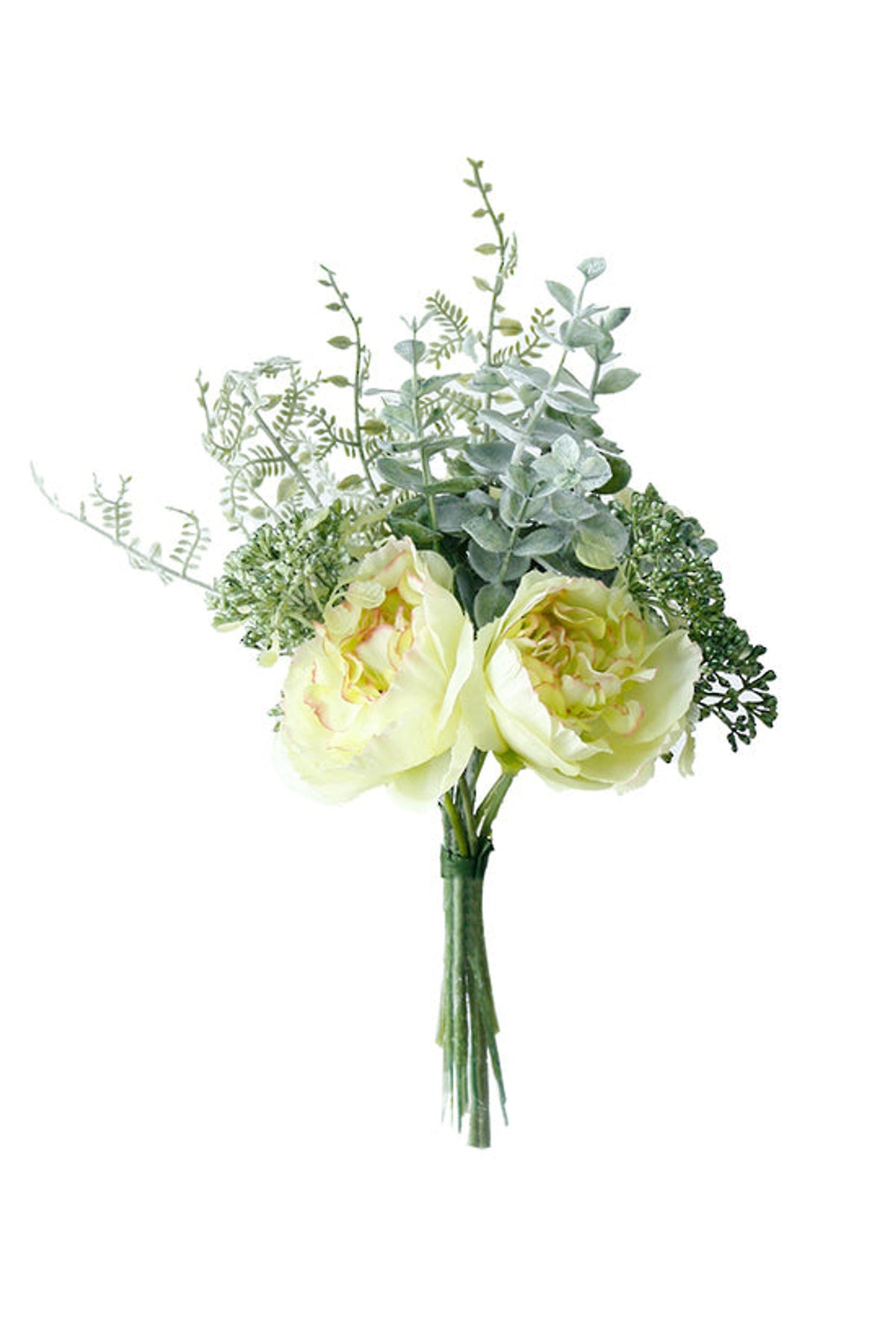 Ranunculus Berry Mix Bouquet, cream blooms with green berries and silvery foliage, on white