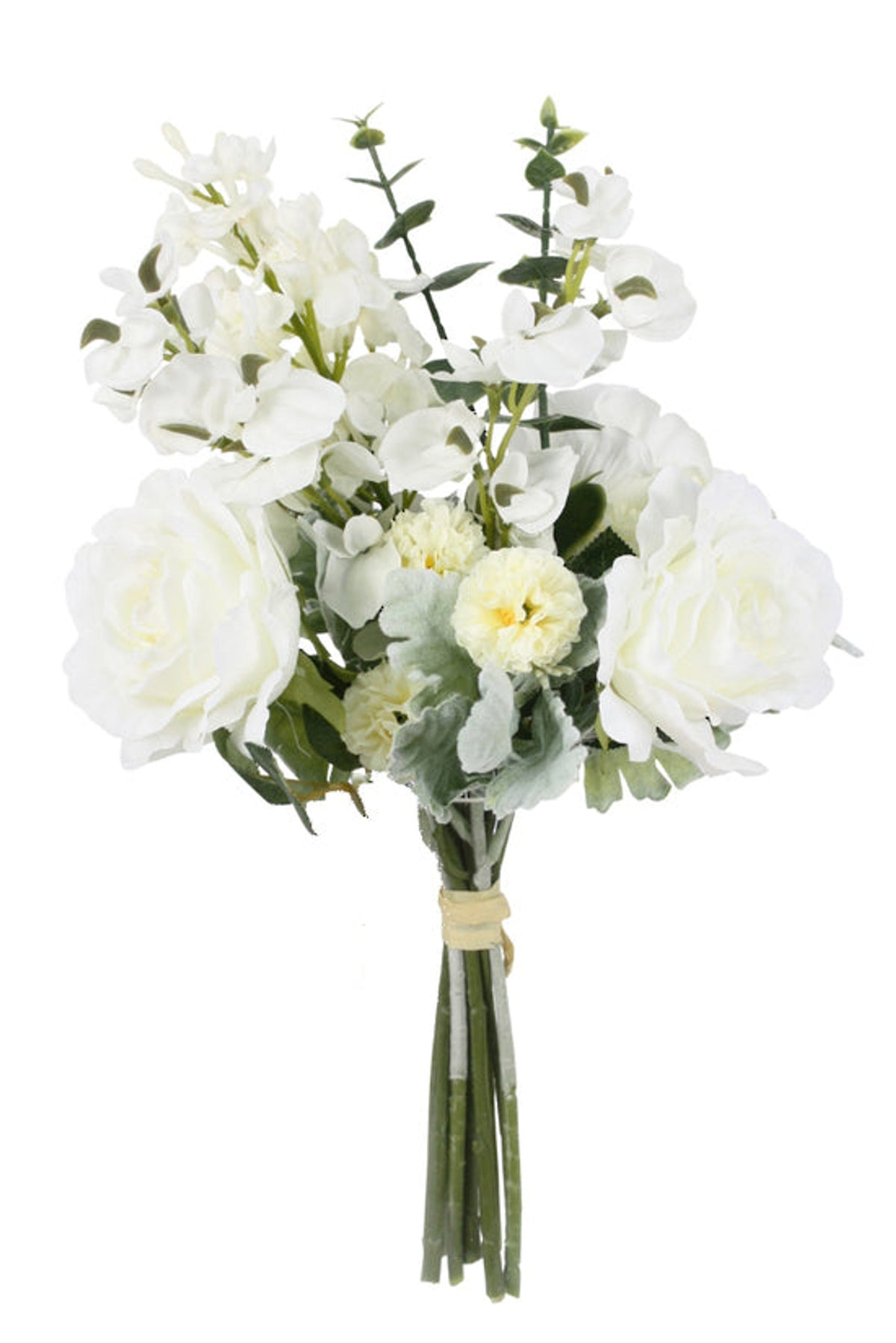 White faux rose and sweet pea bouquet, tied and ready to place, on a white background