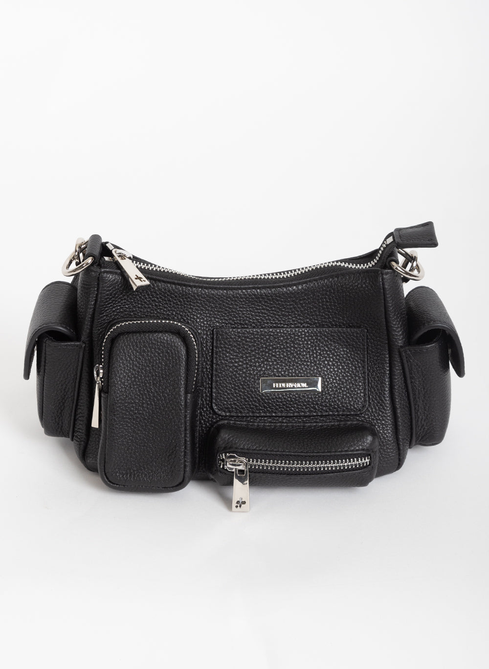 Front of the Busy Day Bag showing the zip pockets and silver hardware