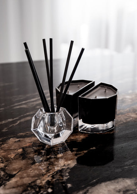 Close view of black aroma stick reeds against a bright window